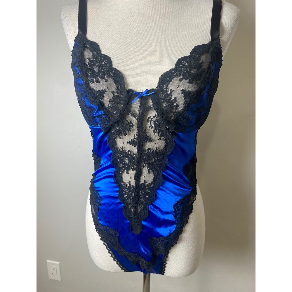Vintage Colesce Collection Blue Satin Black Lace Bodysuit Teddy Lingerie S/M
